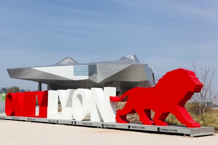 Lyon, France - March 15, 2017: The Musee des Confluences with only Lyon symbol in foreground. The Musee des Confluences is a science centre and anthropology museum opened in 2014 in Lyon, Franceのeditorial素材