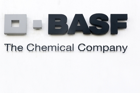 Vejle, Denmark - March 25, 2017: BASF logo on a wall. BASF is a German chemical company and the largest producer in the worldのeditorial素材