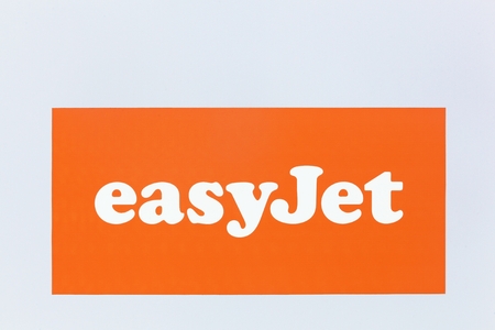 Lyon, France - May 27 2017: Easyjet logo on a wall. Easyjet is a British airline, operating under the low-cost carrier model, based at London Luton Airportのeditorial素材