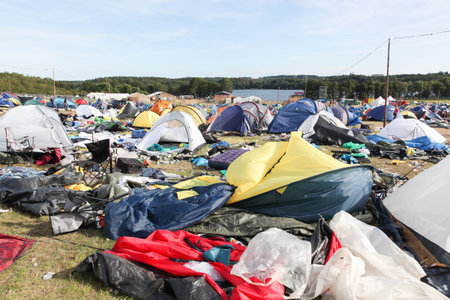 Skanderborg, Denmark - August 14, 2017: Field and tent village after the rock festival Smukfest in...