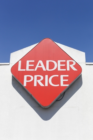 Saint Egreve, France - June 25, 2017:  Leader Price logo on a wall. Leader Price is a French discount store chain of the Groupe Casino, headquartered in Paris, Franceのeditorial素材