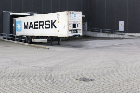 Aarhus, Denmark - October 28, 2017: Maersk truck at a logistic warehouse. Maersk company based in...