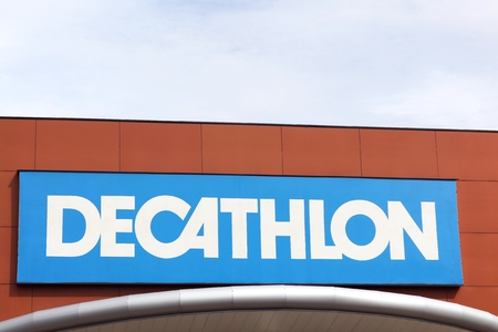Bourgoin, France - June 26, 2017: Decathlon sign on a wall.Decathlon is a french company and one of the world's largest sporting goods retailersのeditorial素材