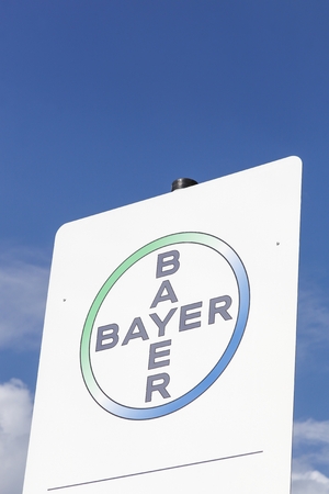 Leverkusen, Germany - July 22, 2017: Bayer logo on a panel. Bayer is a German multinational chemical and pharmaceutical company founded in Barmen, Germanyのeditorial素材