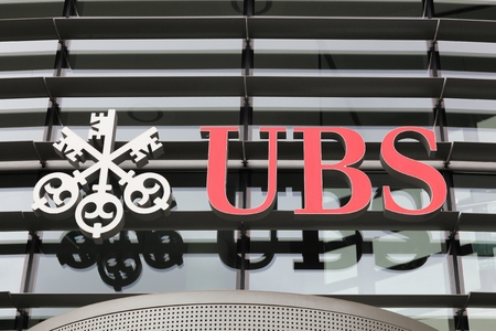 Kirchberg, Luxembourg - July1, 2017: UBS sign on a wall. UBS is a Swiss global financial services company. UBS is the largest bank in Switzerland and co-headquartered in Zurich and Baselのeditorial素材