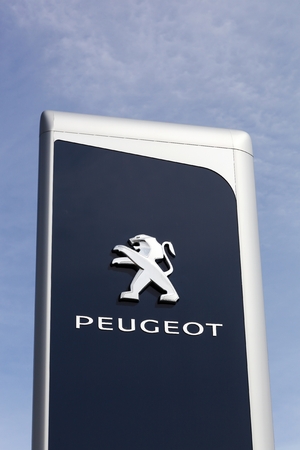 Skanderborg, Denmark - April 22, 2018: Peugeot on a panel. Peugeot is a French cars brand, part of PSA Peugeot Citroen group  and Peugeot company was founded in 1810のeditorial素材