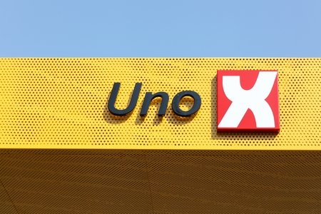 Brabrand, Denmark - April 20, 2018: Uno-X on a fuel station. Uno-X is a chain of unmanned fuel stations throughout Norway and Denmarkのeditorial素材