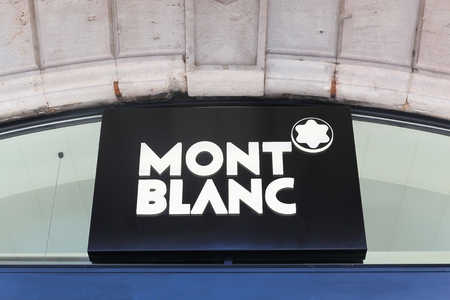 Geneva, Switzerland - August 14, 2016: Montblanc on a wall. Montblanc is a German manufacturer of luxury writing instruments, watches, jewellery and leather goodsのeditorial素材