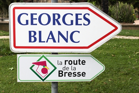 Vonnas, France - May 22, 2018: Georges Blanc restaurant direction in Vonnas, France and road of Bresse. Georges Blanc in Vonnas is a French chef and restaurateur with three Michelin starsのeditorial素材