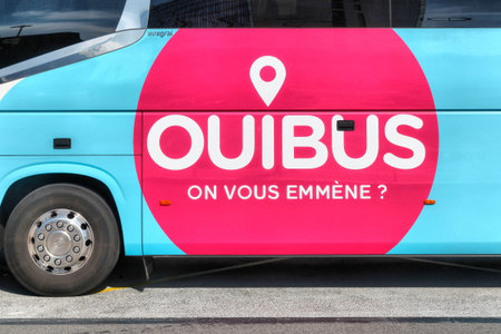 Colombier, France - July 16, 2018:  Ouibus bus at a station. Ouibus is a subsidiary of French state...