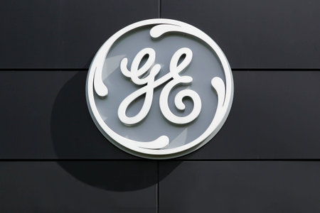 Fredericia, Denmark - April 21, 2018: General Electric compagny logo on a wall. General Electric...