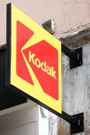 Voiron, France - October 22, 2018: Kodak logo on a wall. Kodak  is an American technology company that produces camera-related products with its historic basis on photographyのeditorial素材