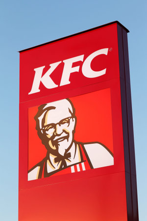 Herning, Denmark - May 15, 2018: KFC logo on a panel. KFC is a fast food restaurant chain that...
