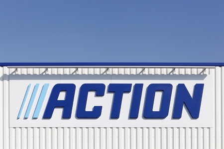 Villefranche, France - April 12, 2019: Action logo on a wall. Action is an, originally Dutch, international discount store-chain owned by the British private-equity fund 3iのeditorial素材