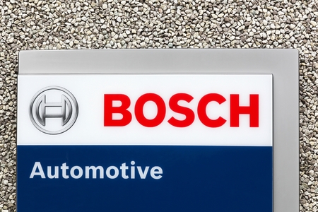 Skejby, Denmark - May 10, 2018: Bosch automotive logo on a wall. Bosch Car Service garages provide vehicle maintenance, repairs and diagnostics for all makes of vehicles in 150 countriesのeditorial素材