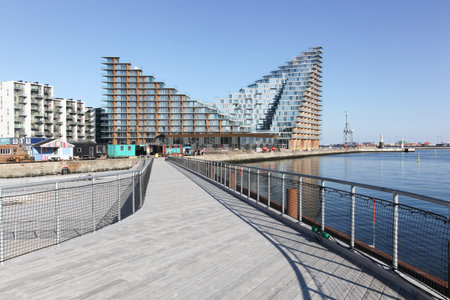 Aarhus, Denmark - April 18, 2019: Aarhus island with seaside residences and the new children...