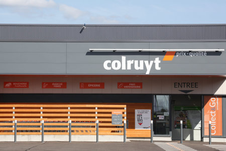 Peronnas, France - August 10, 2019: Colruyt supermarket. Colruyt is a Belgian family owned retail...