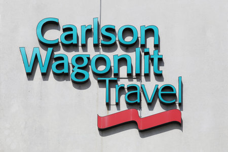 Copenhagen, Denmark - August 3, 2019: Carlson Wagonlit Travel is a company managing business travel,...