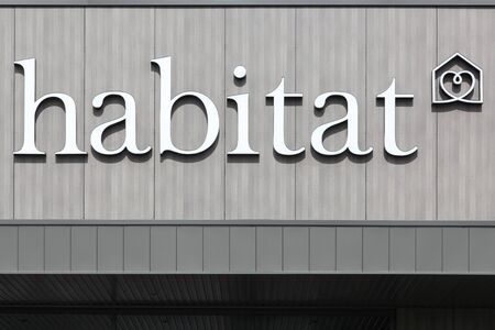Villefranche, France - September 22, 2019: Habitat logo on a wall. Habitat is a retailer of household furnishings in Europeのeditorial素材