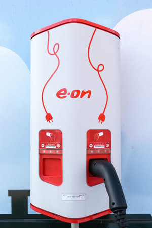Horsens, Denmark - April 2, 2018: Eon charging point. Eon is in the world, one of the largest...