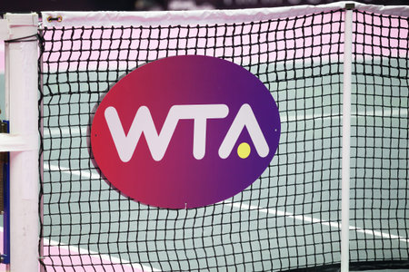 Lyon, France - March 6, 2020: WTA logo on a net. WTA is the principal organizing body of women's...