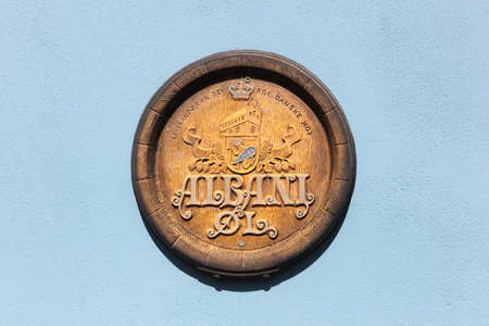 Horsens, Denmark - May 5, 2019: Albani beer logo on a wall. Albani is a brewery located in Odense, Denmark, and the vast majority of its customers live on the island of Funenのeditorial素材