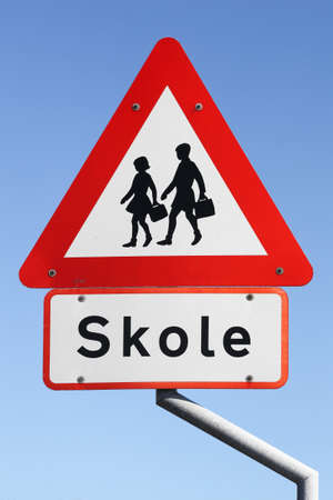 School road sign called skole in danish language, Denmarkの写真素材