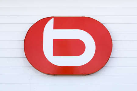 Villefranche, France - May 17, 2020: Boulanger logo on a wall. Boulanger is a French company specializing in leisure, electronics and householdのeditorial素材