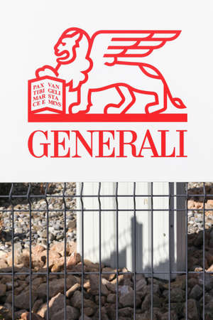 Macon, France - March 15, 2020: Generali logo on a fence. Generali is the largest insurance company in Italy and third in the world. It has its headquarters in Trieste, Italyのeditorial素材