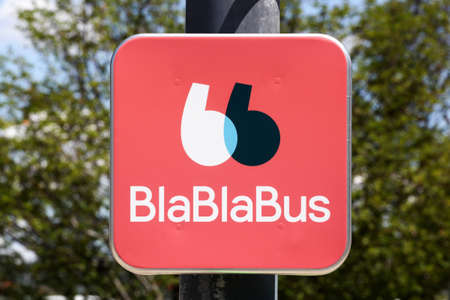 Saint Etienne, France - June 21, 2020: Blablabus sign on a pole. BlaBlaBus, formerly Ouibus operates coach services in Europeのeditorial素材