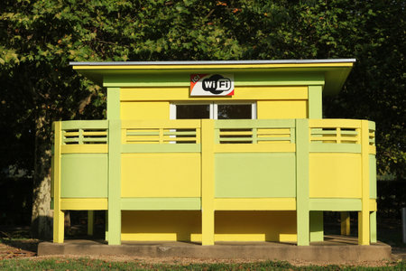 Creches, France - September 21, 2015: Old toilets in a campsite in France transformed into a room with wifi zoneのeditorial素材