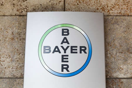 Leverkusen, Germany - July 22, 2017: Bayer logo on a panel. Bayer is a German multinational chemical and pharmaceutical company founded in Barmen, Germanyのeditorial素材
