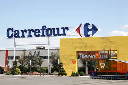 Roanne, France - May 31, 2020: Carrefour hypermarket in France. Carrefour is a french multinational retailer headquartered in France and it is one of the largest hypermarket chains in the worldのeditorial素材