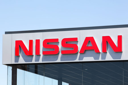 Roanne, France - May 31, 2020: Nissan sign on a facade. Nissan Motor Company Ltd, usually shortened...