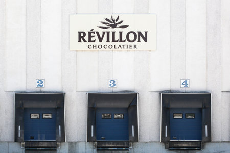 Roanne, France - May 31, 2020: Revillon warehouse and factory. Revillon is a French chocolate...