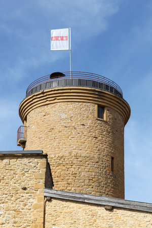 Tower in the medieval village of Oingt in Beaujolais, Franceのeditorial素材