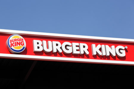 Manosque, France - July 8, 2018: Logo of the fast food chain Burger King on a buidling. Burger King is a global chain of hamburger fast food restaurantsのeditorial素材