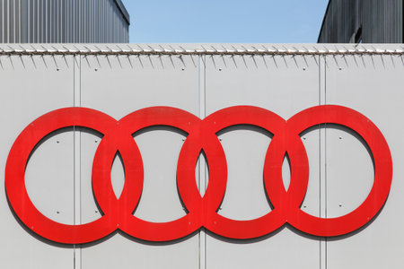 Villefranche, France - May 21, 2018: Audi logo on a portal. Audi is a German automobile manufacturer that designs, engineers, produces, markets and distributes luxury vehiclesのeditorial素材