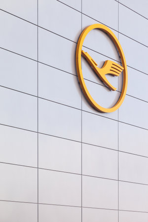 Frankfurt, Germany - September 28, 2015: Lufthansa logo on wall at Frankfurt airport. Lufthansa is a German airline and also the largest airline in Europeのeditorial素材