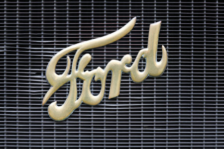 Bellevile, France - April 1, 2023: Vintage Ford logo on a car. Ford is an American multinational automaker headquartered in Dearborn, Michigan, USAのeditorial素材