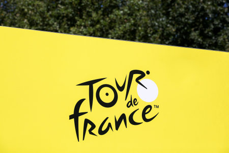 Chatillon, France - July 14, 2023: Logo of Tour de France cycling on a wall. The Tour de France is an annual multiple stage bicycle race primarily held in Franceのeditorial素材