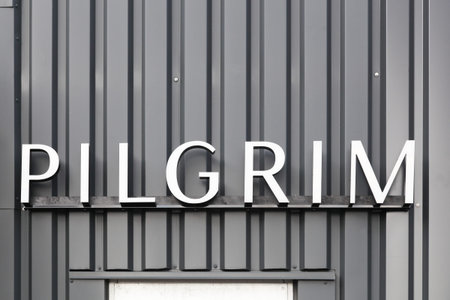 Skanderborg, Denmark - July 17, 2019: Pilgrim logo on a buiding. Pilgrim is a Danish family business...