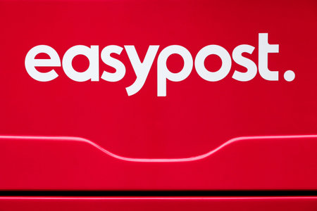 Herning, Denmark - August 18, 2022: EasyPost logo on a vehicle. EasyPost is a shipping API that...