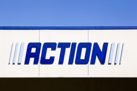 Tarare, France - May 31, 2020: Action logo on a wall. Action is an, originally Dutch, international discount store-chain owned by the British private-equity fund 3iのeditorial素材