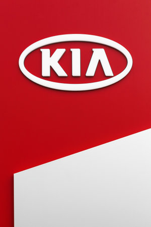 Macon, France - May 27, 2018: Kia Motors logo on a wall of a dealership. Kia Motors Corporation headquartered in Seoul, is South Korea's second largest automobile manufacturerのeditorial素材