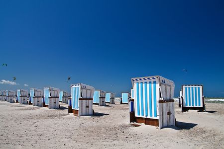 Beach chairs on the beach in Warnemuende (Baltic Sea).の写真素材