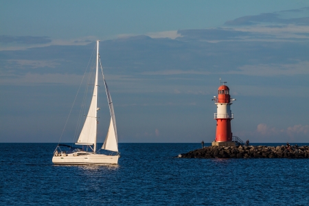 Sailing boat on the Mole in WarnemÃ¼nde  Germany  の写真素材