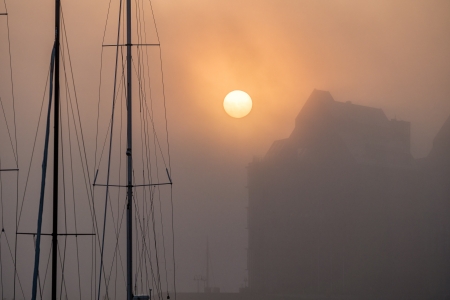 Sunrise in the city port of Rostock  Germany  の写真素材