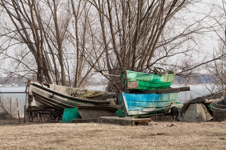 Fishing boats on a lake.の写真素材