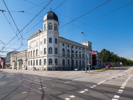 Historical buildings in Rostock (Germany) with blue sky.のeditorial素材